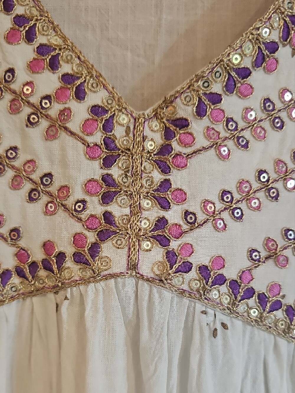 Boho Ivory  Midi Dress with Pink And Gold  Embroidery - XL - Picture 3 of 14